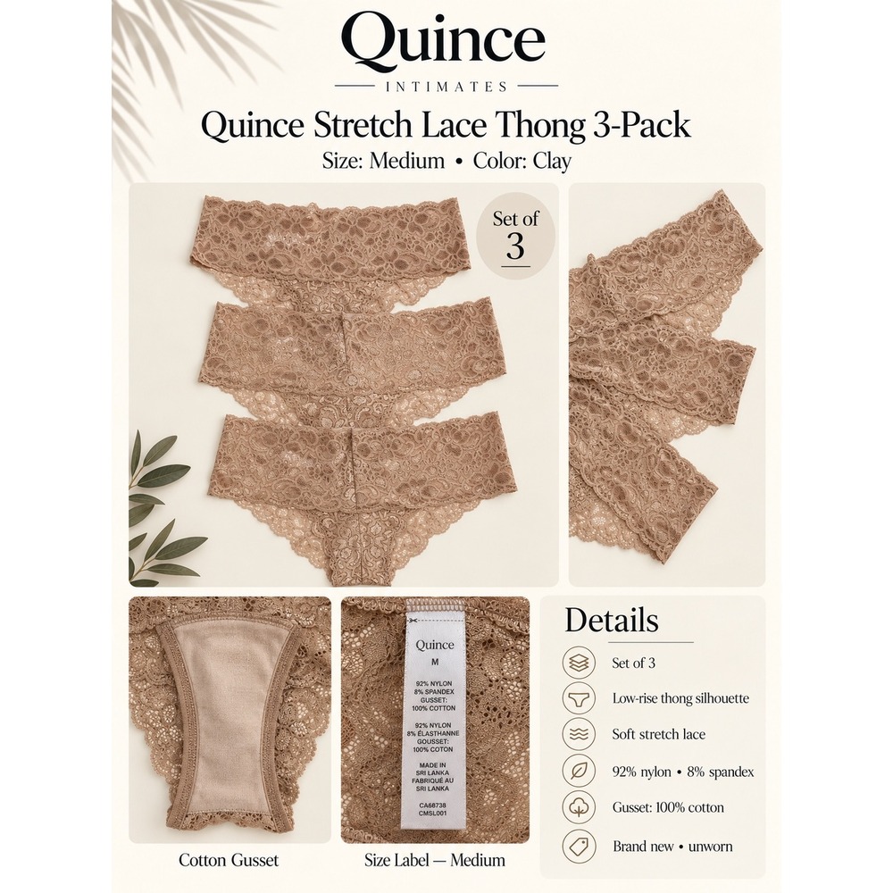 Quince Stretch Lace Thong 3-Pack Size Medium Clay Low Rise Floral Lingerie NEW